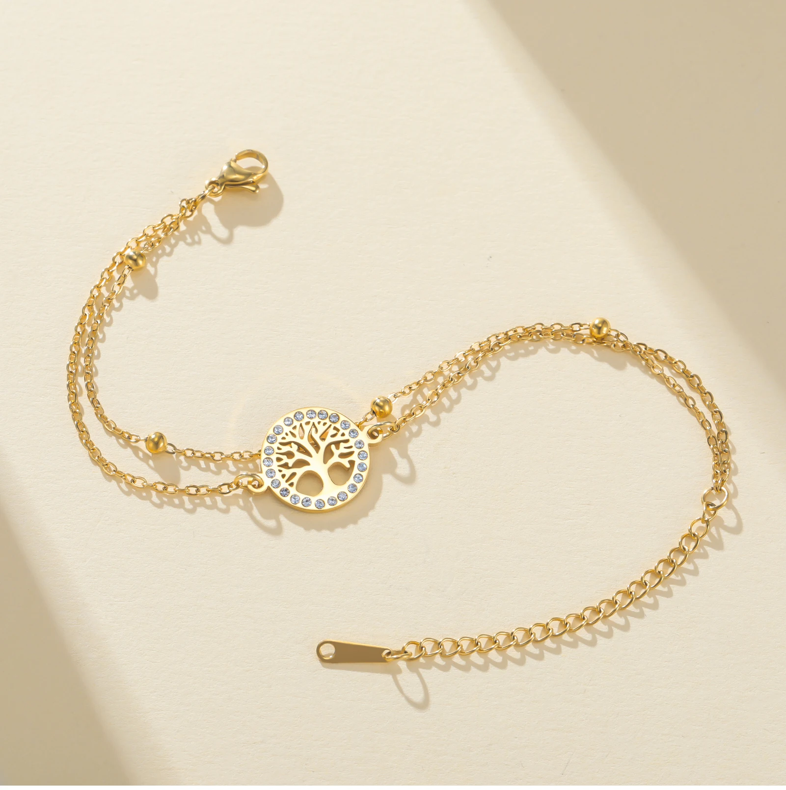 CoolTime Baum des Lebens Ring Zirkon Damenarmbänder Edelstahl Doppelketten Schmuck Goldfarben Mode Amulett Geschenk – Detail 9