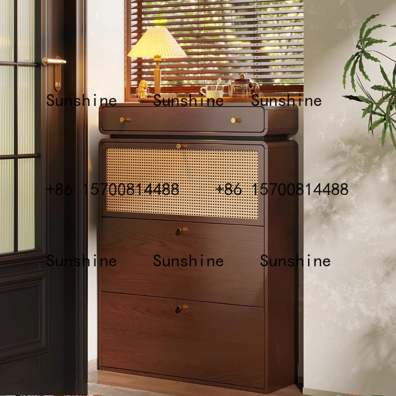 

Solid wood rattan ultra-thin shoe cabinet household entrance narrow flip bucket storage cabinet