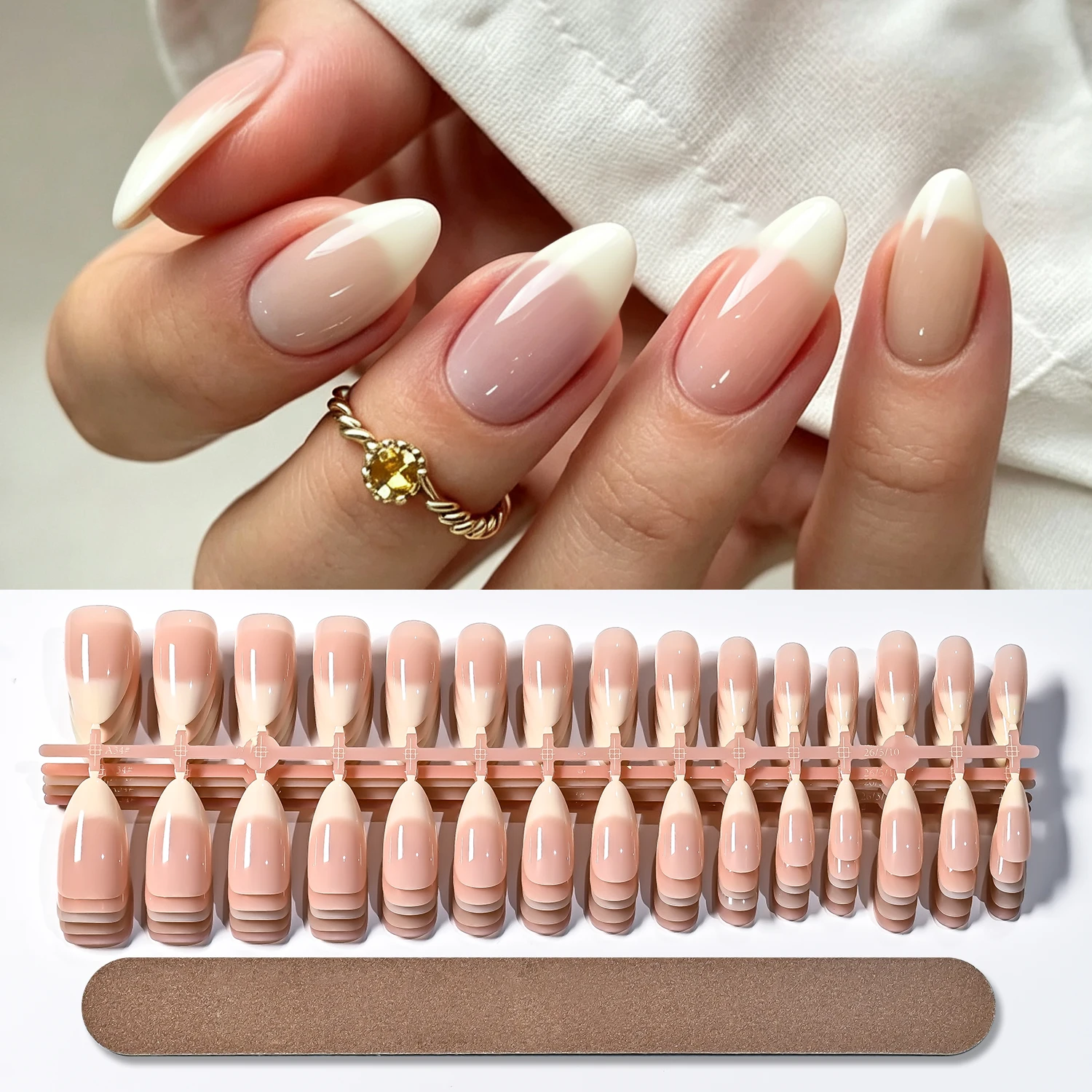 150Pcs Mixed 5 Shades Nude Gradient French Almond Press On Nails Glossy Wearable False Nails with 150 Grit Nail File DIY Manicur