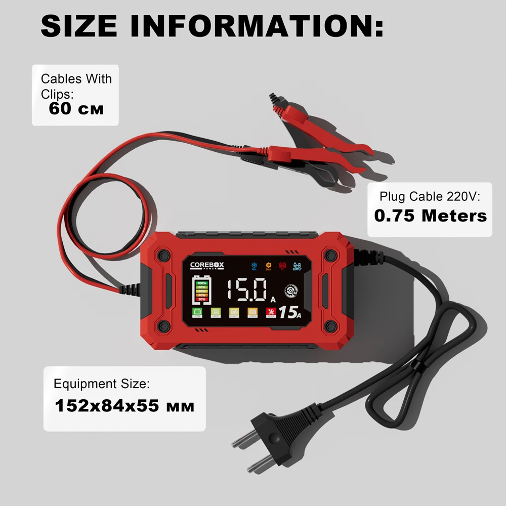 12V 15A 8A Auto- und Motorrad-Smart-Batterieladegerät für Lifepo4 Blei-Säure AGM Digital-Touchscreen Lithium-Eisenphosphat-Ladegerät – Detail 7