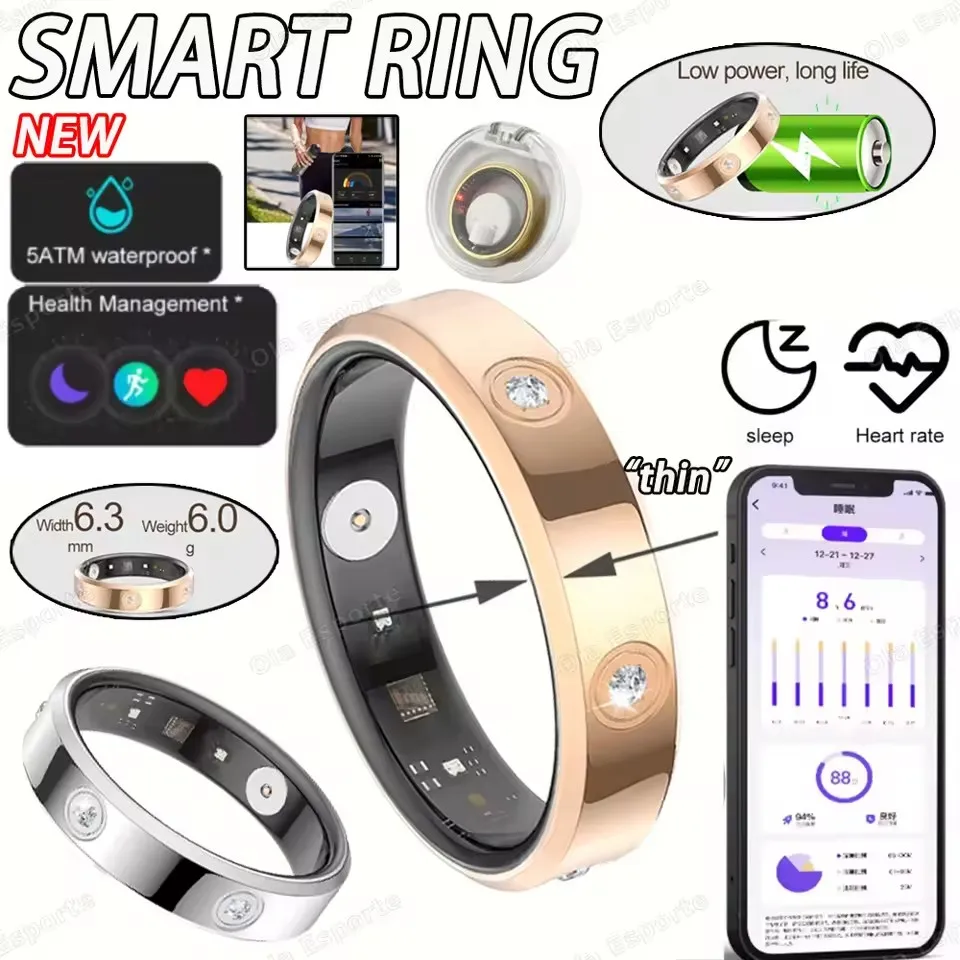 2026 Smart Ring Women Men Super Narrow 6.3mm Heart Rate Health Stress Measurement Monitor IP68 Waterproof Fashion Sports Rings