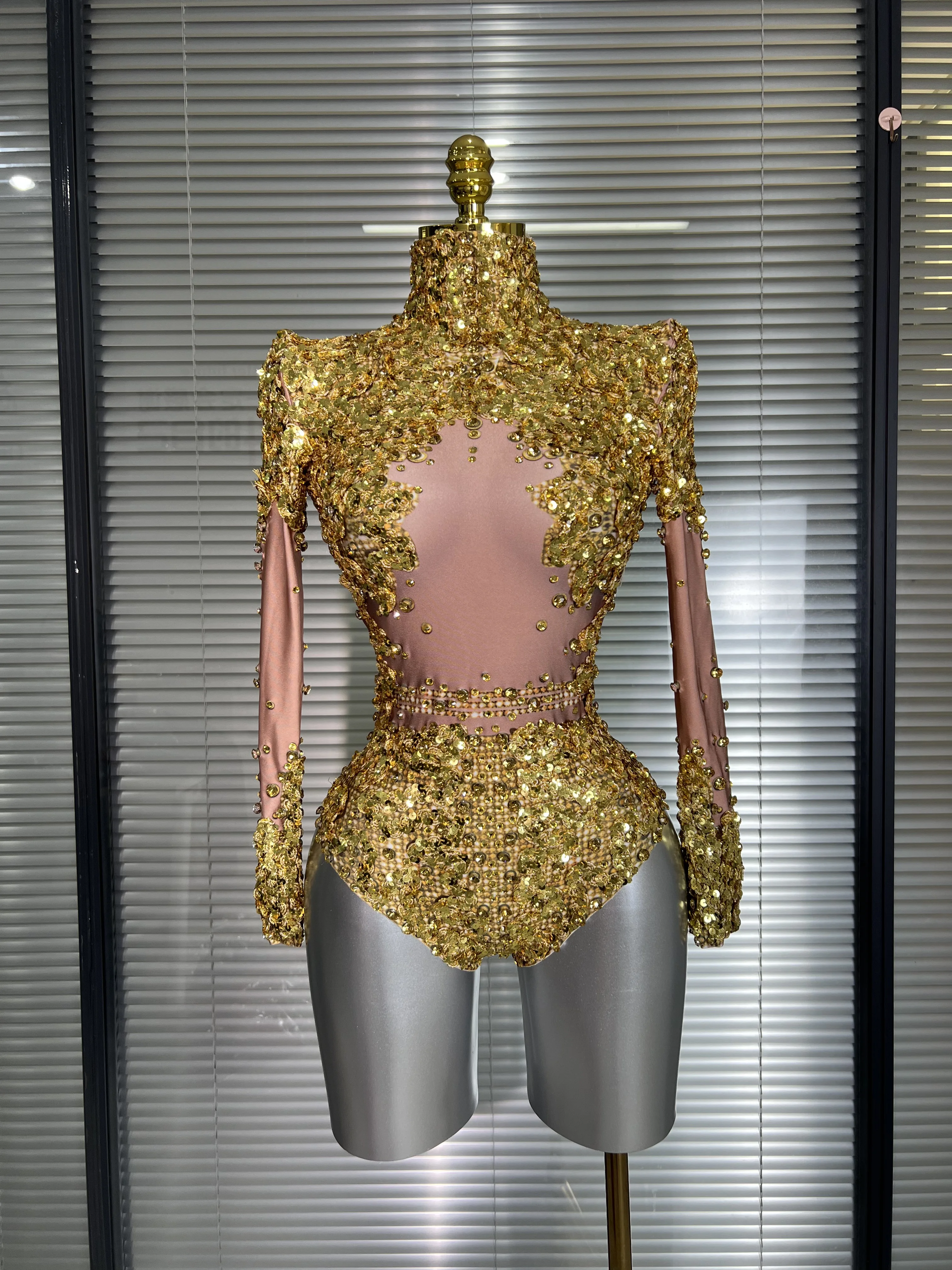 

Summer New Women Sexy Gold Crystal Stretchy Night Club Singer Dancer Stage Costume Party Bodysuit
