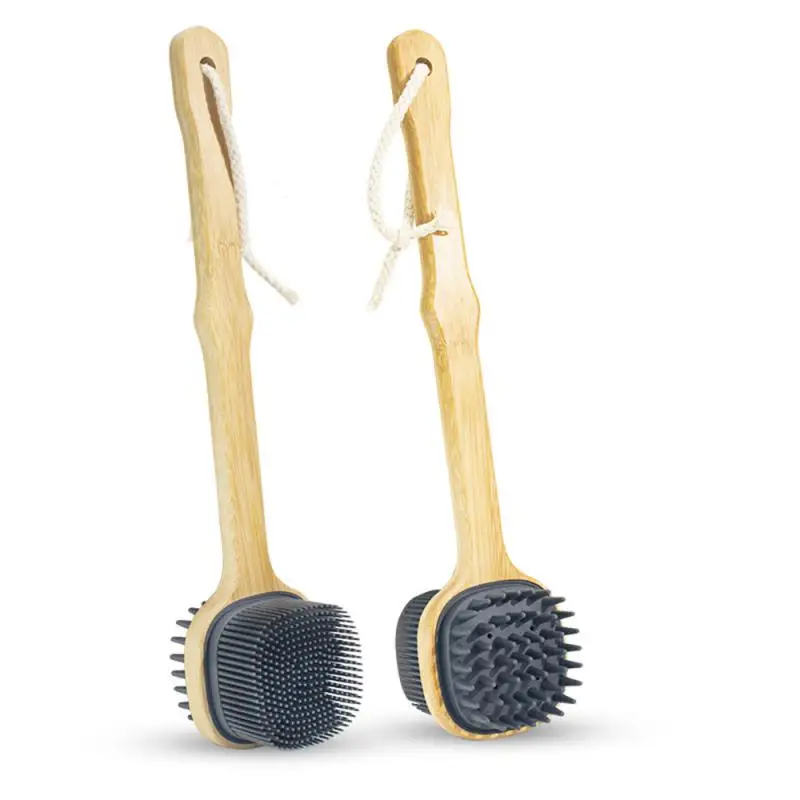 

New Silicone Brush Long Head Back Scrubber Shower Brush With Long Wooden Handle Dry Skin Exfoliating Body Massage Cleaning Tool