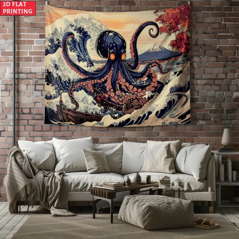 VIKAMA Japanese Octopus Tapestry, Kanagawa Wave Giant Octopus & Mt Fuji Wall Hanging for Bedroom Living Room Decor