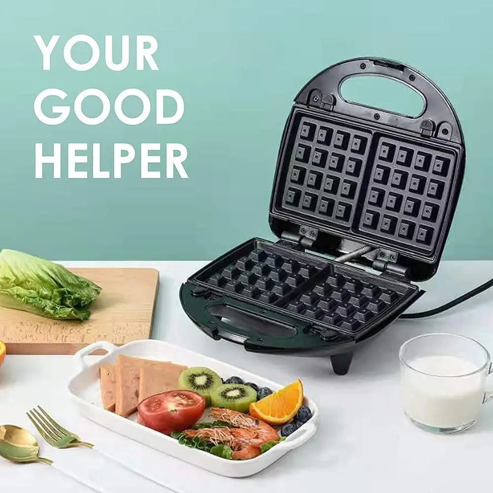 3-in-1 サンドイッチメーカー ワッフルメーカー ホーム朝食マシン パンメーカー 3つの取り外し可能なベーキングトレイ付き、サンの作りに最適