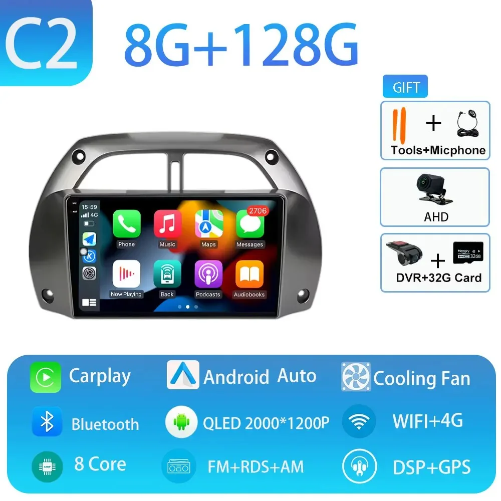 Android 15 voor Toyota RAV4 2001-2005 Draadloze CarPlay Autoradio Video Audio Multimedi Speler Auto BT WIFI 4G 2K QLED Geen 2 din