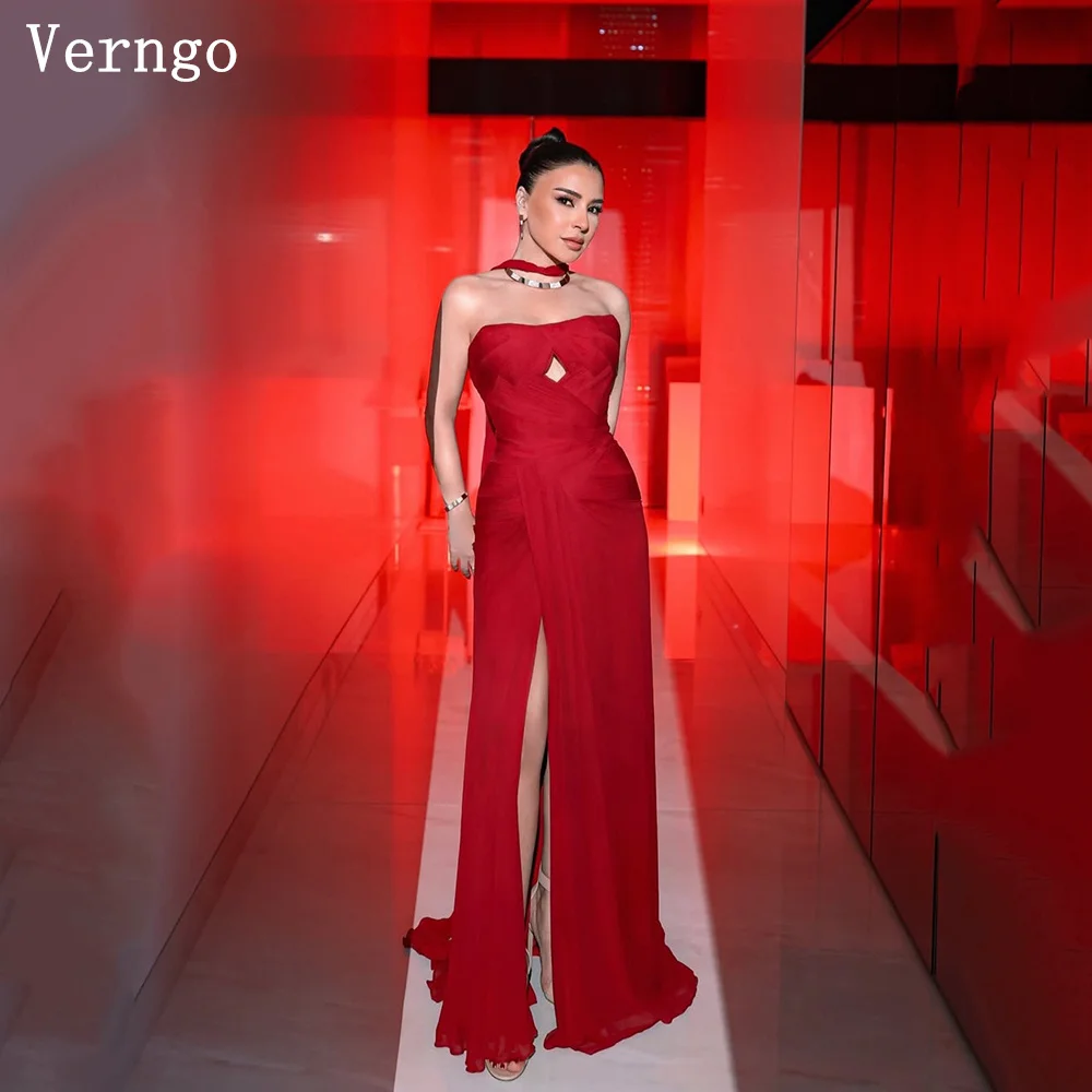 

Verngo Red Chiffon Evening Dress Sweetheart Mermaid Formal Occasion Dresses Side Slit Sexy Cut Out Prom Gowns Customized