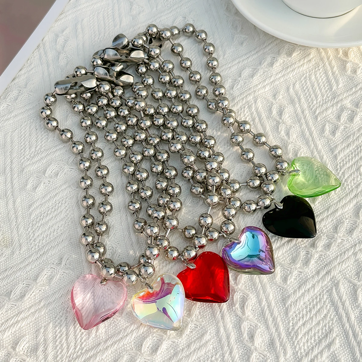 6 Colors Hip Hop Colorful Love Heart Pendant Necklace Women Punk Silver Color Beads Chain Grunge Jewelry Accessories Steampunk image 5