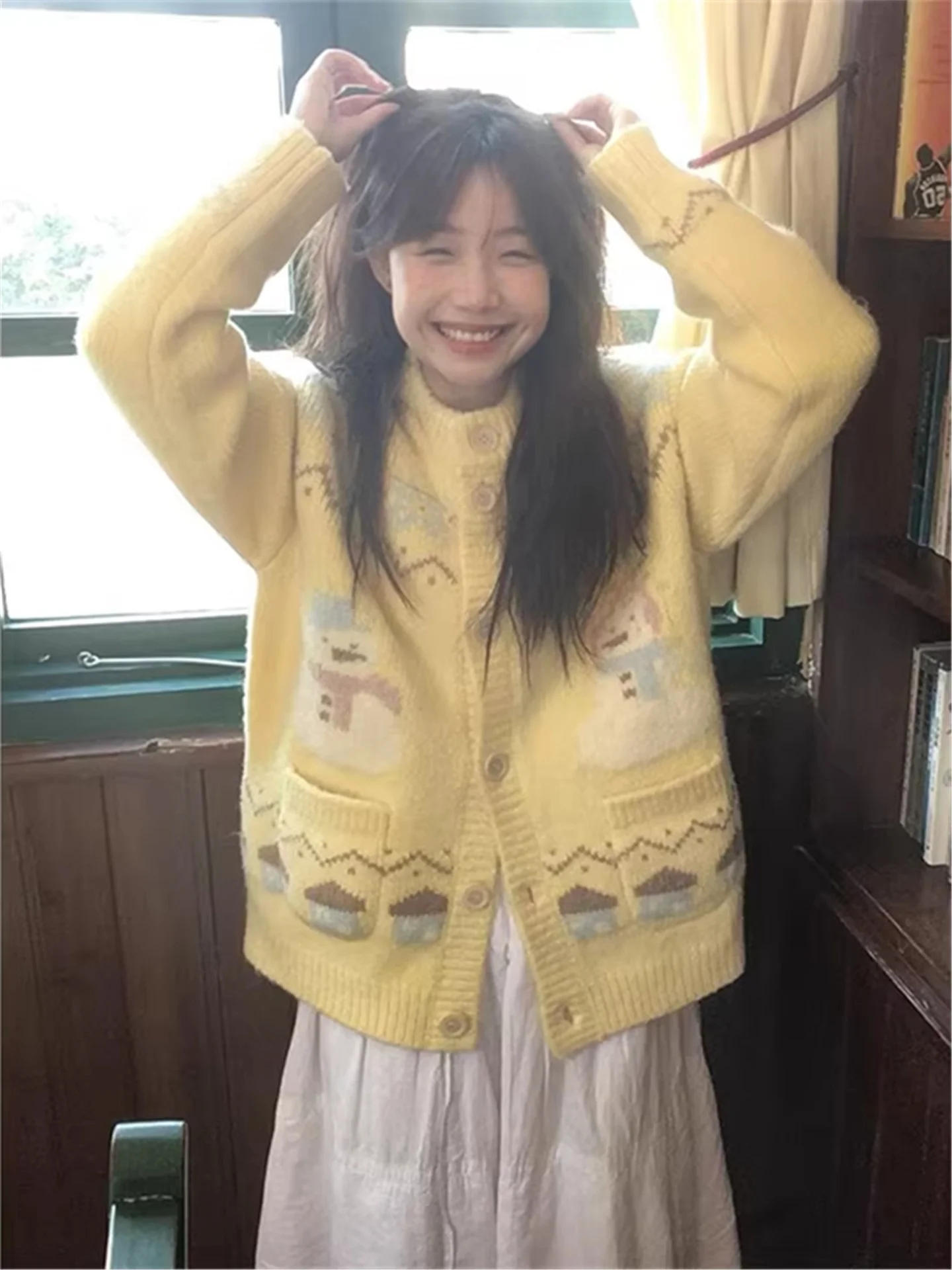 

Dopamine Yellow Knitted Open Cardigan Women's Winter Thickened Loose Lazy Style Fair Isle Soft Sweater Jacket Sweet Style Kor...