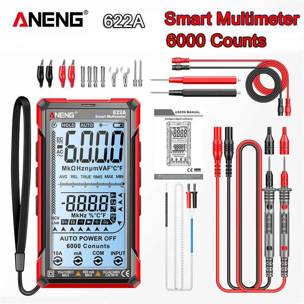 ANENG 622A Multimetro Digitale Intelligente 6000 Conti Misuratore di Tensione AC/DC Misuratore di Corrente NCV Rivelatore Diodo Hz Temp Condensatore