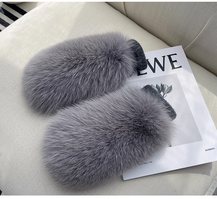 Real Fox Fur Gloves Knitted Women Mittens Winter Girls Fashion Fluffy Warm 100% Real Fox Fur Gloves