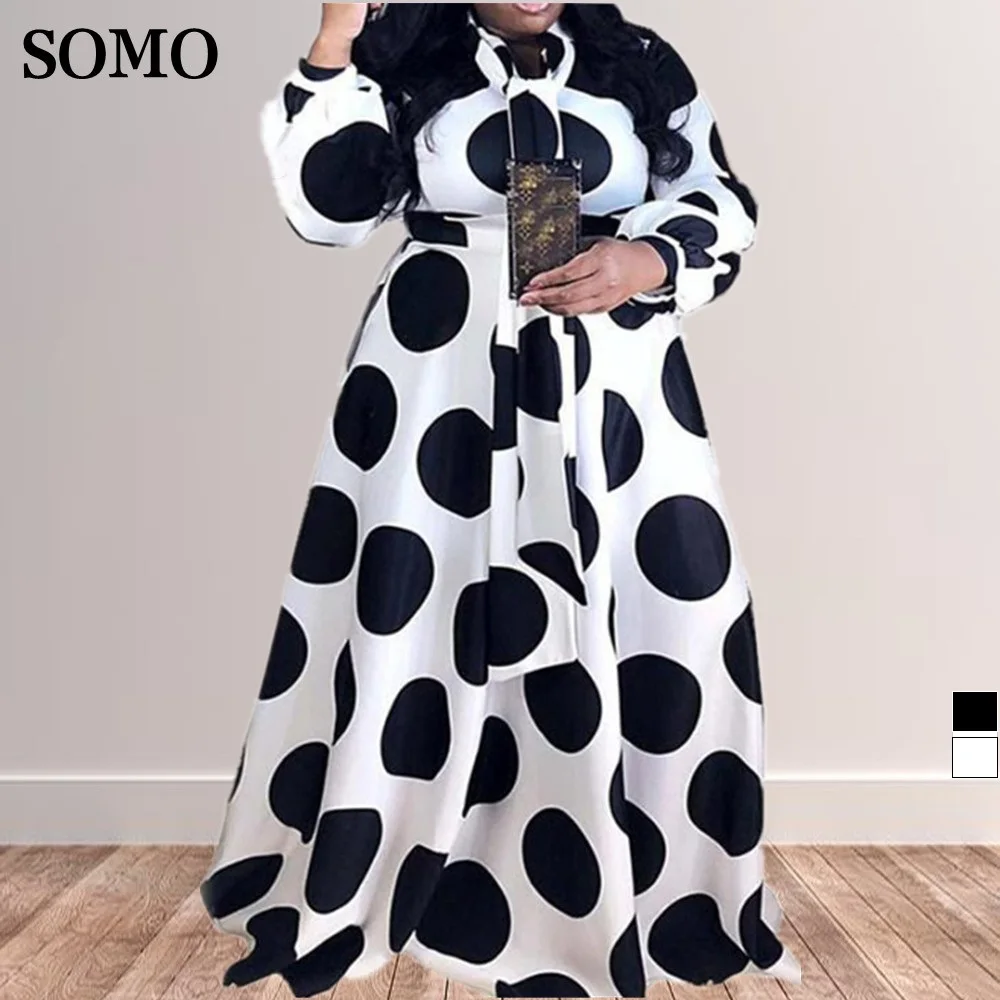 Plus Size Clothing Women Boho Long Maxi Dress 5XL Casual Dots Dresses Bow Elegant Ladies Big Shirt Dress Wholesale Dropshipping