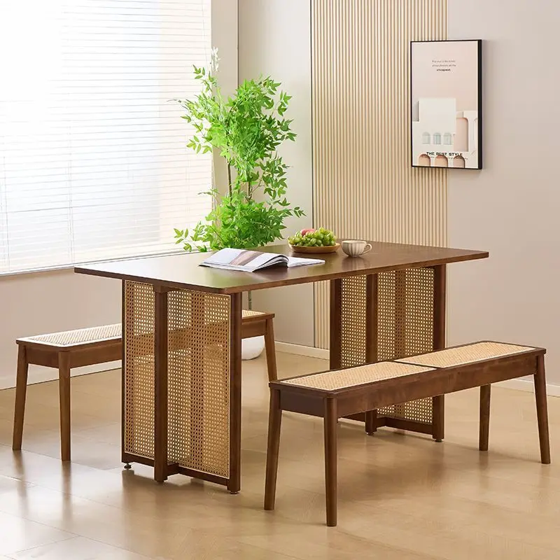 Rattanbank, Retro-Heimhocker aus massivem Holz, lässiger Rattanhocker