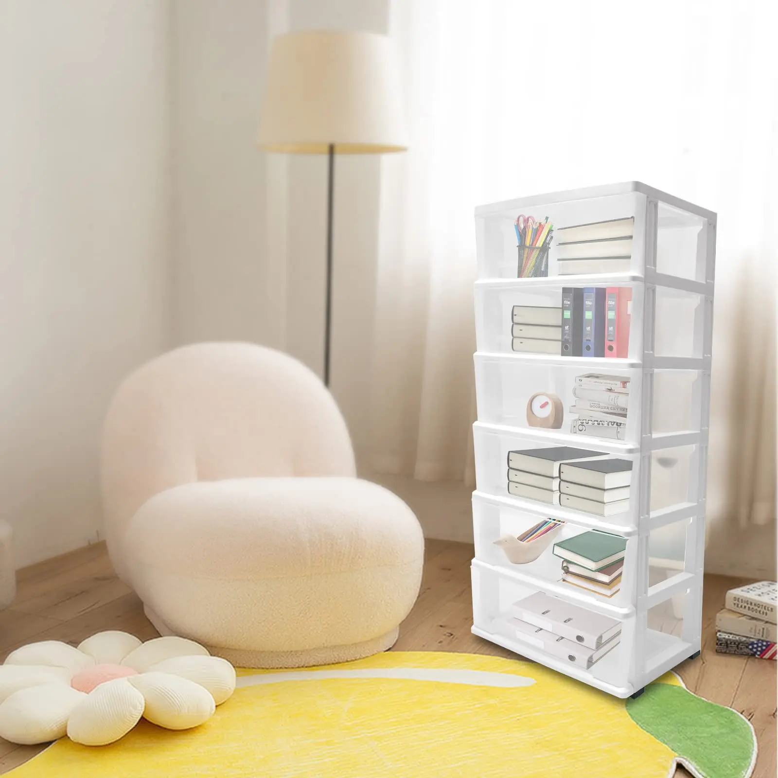 عربة تخزين دوارة مكونة من 6 طبقات مع عجلات، وخزانة تخزين بلاستيكية قابلة للتكديس مع أدراج شفافة للخزانة والمكتب،