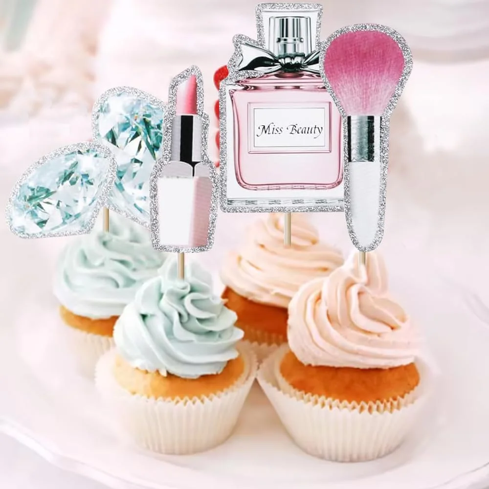 22-teiliges Make-up-Kuchenaufsatz-Set – Lippenstift, Parfüm, Wimpern, Diamantpinsel-Dekor für Frauen, Mädchen, Geburtstag, Brautparty, Spa-Party – Detail 13