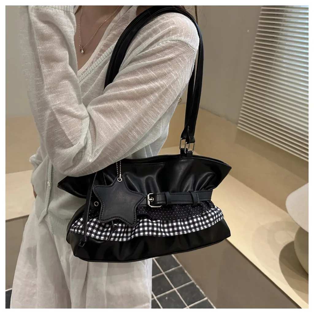 Crossbody Bag Check Patchwork Star Charm Bag Pu Leather Handbag Zipper Closure Large Capacity Tote Bag For Casual Outfits Daily