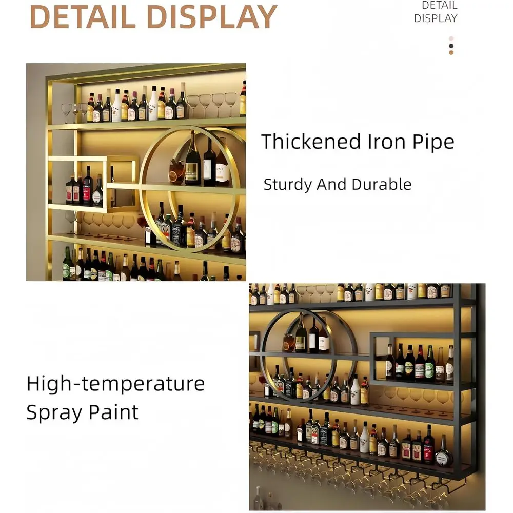 Contemporary Metal and Wood Wine Rack with Glass Holders for Home Bar and Kitchen, Black