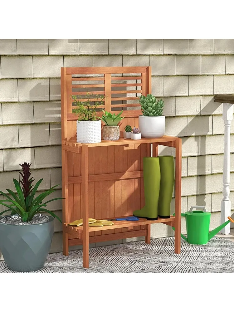 

Garden Potting Bench Table, Folding Potting Bench Outdoor Workstation with Trellis & 2-Tier Shelves, Wood Potting Table for Outd