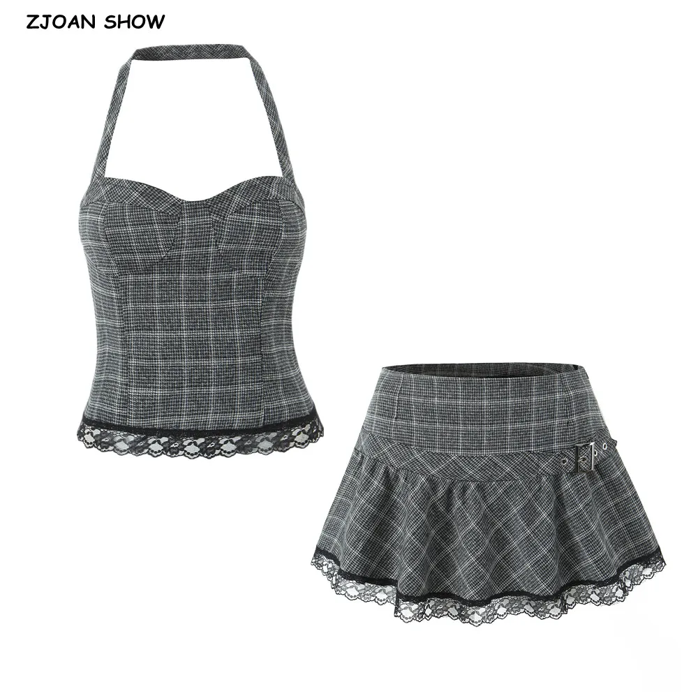 

2025 Sexy Black Gray Plaid Halter Tank Top + Side Zipper Waist Buckle Belt Ruffles Hem Spliced Lace Mini Skirt 2 Pieces Set