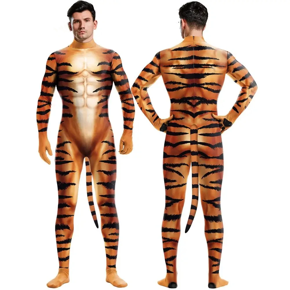 Halloween Leopard Stripe Funny Animal Suit Adult Cosplay Party Costumes Bodysuits Full Coverage Jumpsuits With Tail Back Zipper