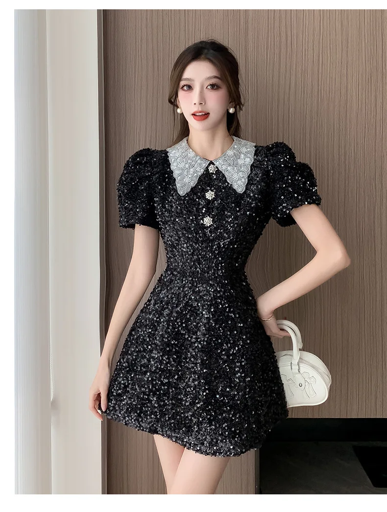 Black High-Quality Summer Women's Party Fashion Flip Collar Contrasting Sequin Dress