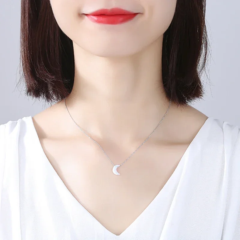 TONGZHE Cute Small Sparkling Moon Pendant Necklace for Women Sterling Silver Jewelry 925 Necklace Link Chain Choker Bijoux Femme