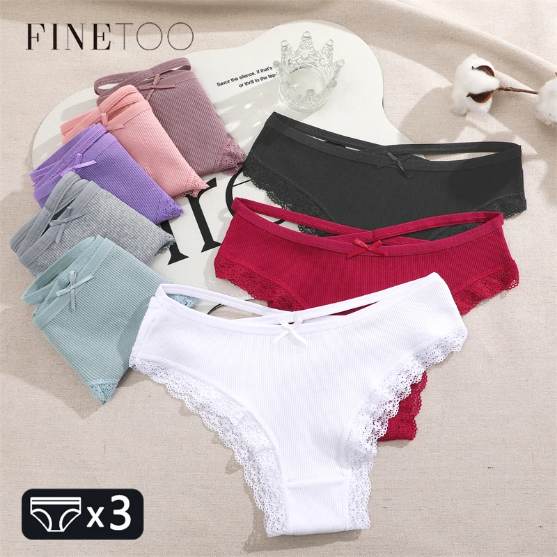 FINETOO, 3 uds., ropa interior de algodón para mujer, bragas sexis de encaje brasileño, cinturón cruzado de cintura baja, lencería acogedora de Color sólido calado