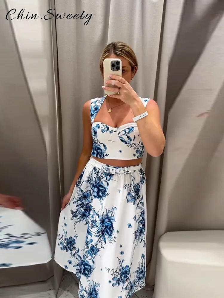 

Elegant Printed Skirt Suit Women Square Collar Sleeveless Crop Top High Waist A-line Pleated Skirts 2025 Summer Lady 2 Piece Set