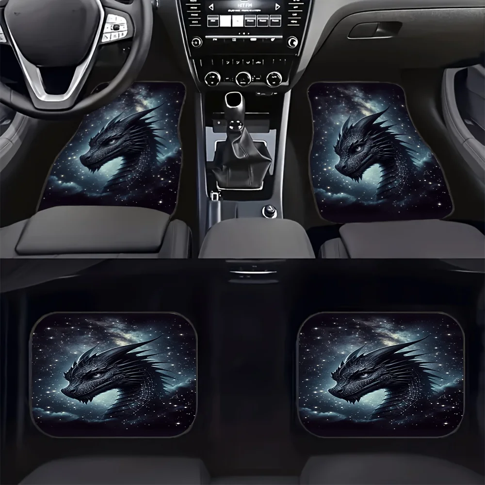 Car Floor Mats.4pcs Car Floor Mats Set - Dark Blue Black Dragon & Starry Night Sky Design With Glowing Dragon Print, Anti-Slip A