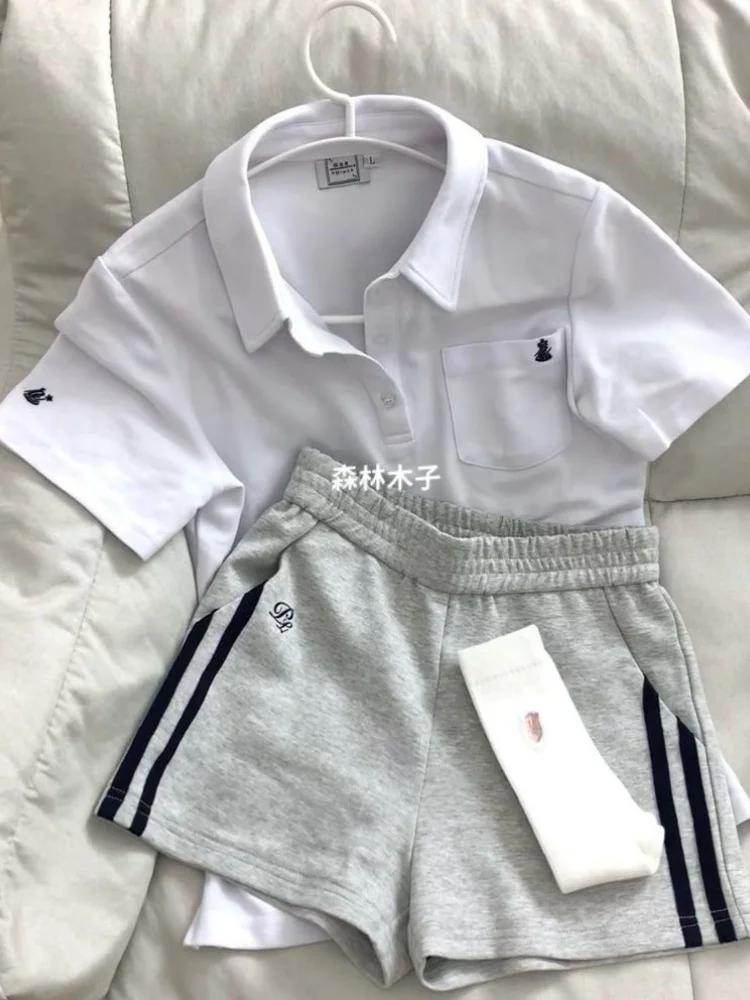 

America Sports Summer 2 Piece Sets Sweet Women Large Size College Student JK Short Sleeve Polo Shirt Embroidery Y2K Casual 2025