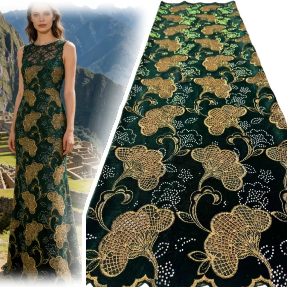 

African Velvet Tassel Lace Fabric with Intricate Embroidery Laser Cut Traditional Nigerian Attire Drapes Designs 5 Yards 1978