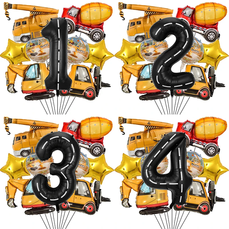 9 pz/1Set veicolo da costruzione pellicola di alluminio palloncino escavatore gru 1-9 palloncini digitali ragazzi festa di compleanno Decor