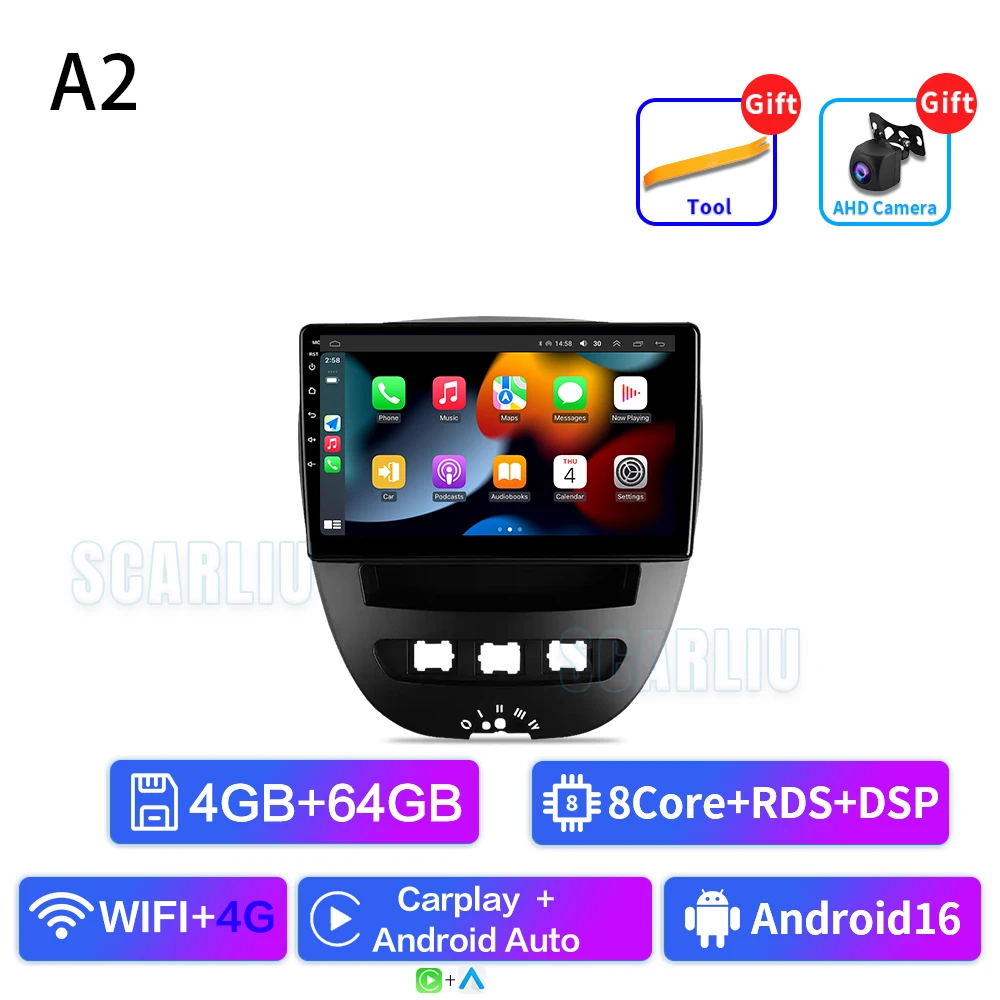 SCARLIU For Peugeot 107 Toyota Aygo Citroen C1 2005-2014 Multimedia autoradio WIFI Wireless Carplay Android Auto Car Radio
