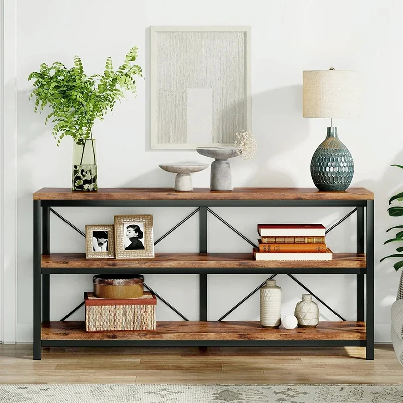 Solid wood entrance table against the wall, living room entry display, entrance cabinet, wrought iron shelf, bookshelf, sofa