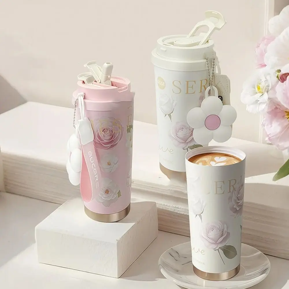 

Portable 500ML Thermo Coffee Mug Stainless Steel Ceramic Coating Travel Thermo Cup Flower Print LeakProof Insulated Cup Car Use