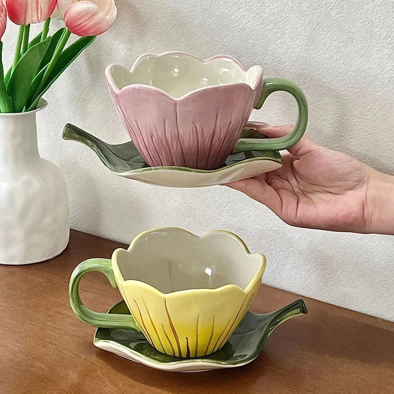 Tulip Shaped Ceramic Mug With Leaf Saucer Hand Painted Floral Coffee And Tea Cup For Women Office Desk Home Display Elegant Gift