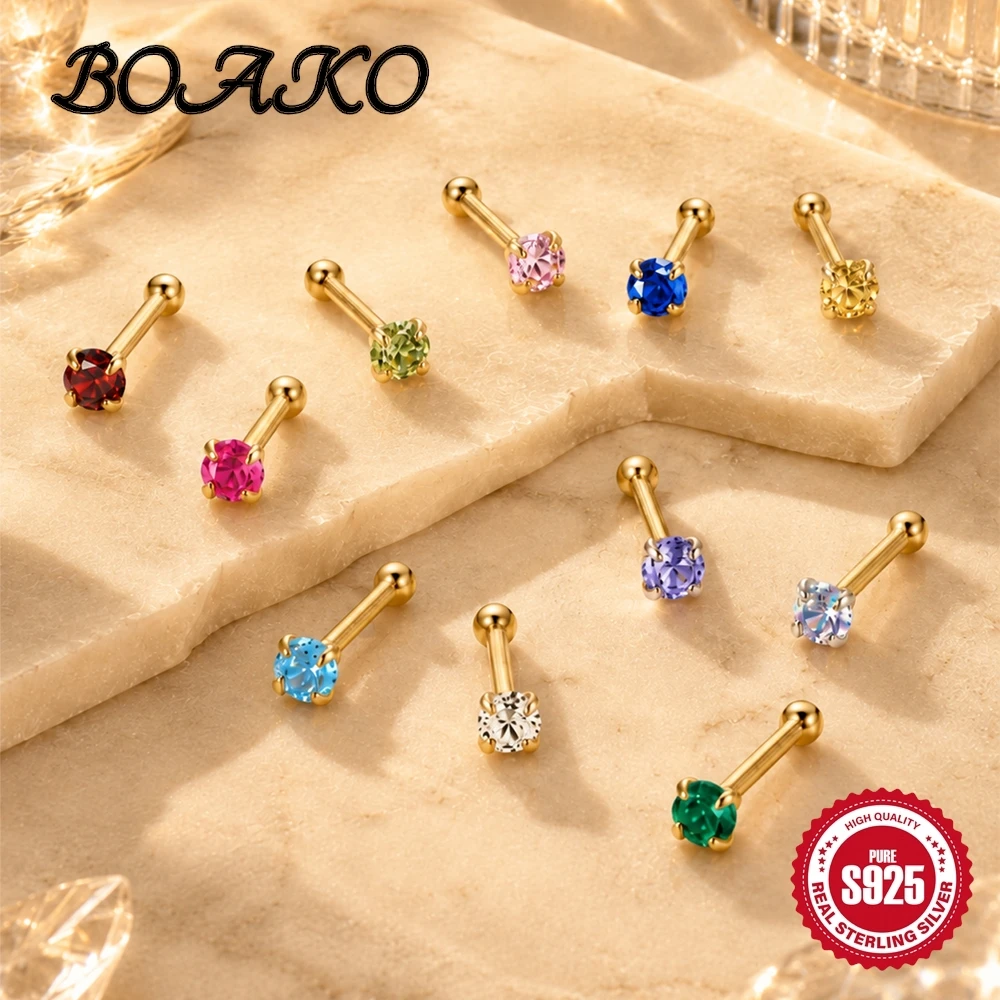 BOAKO, 1 pieza, plata de ley S925, multicolor, redondo, con parte trasera plana, piercing para cartílago, joyería hipoalergénica para oreja y nariz para mujer
