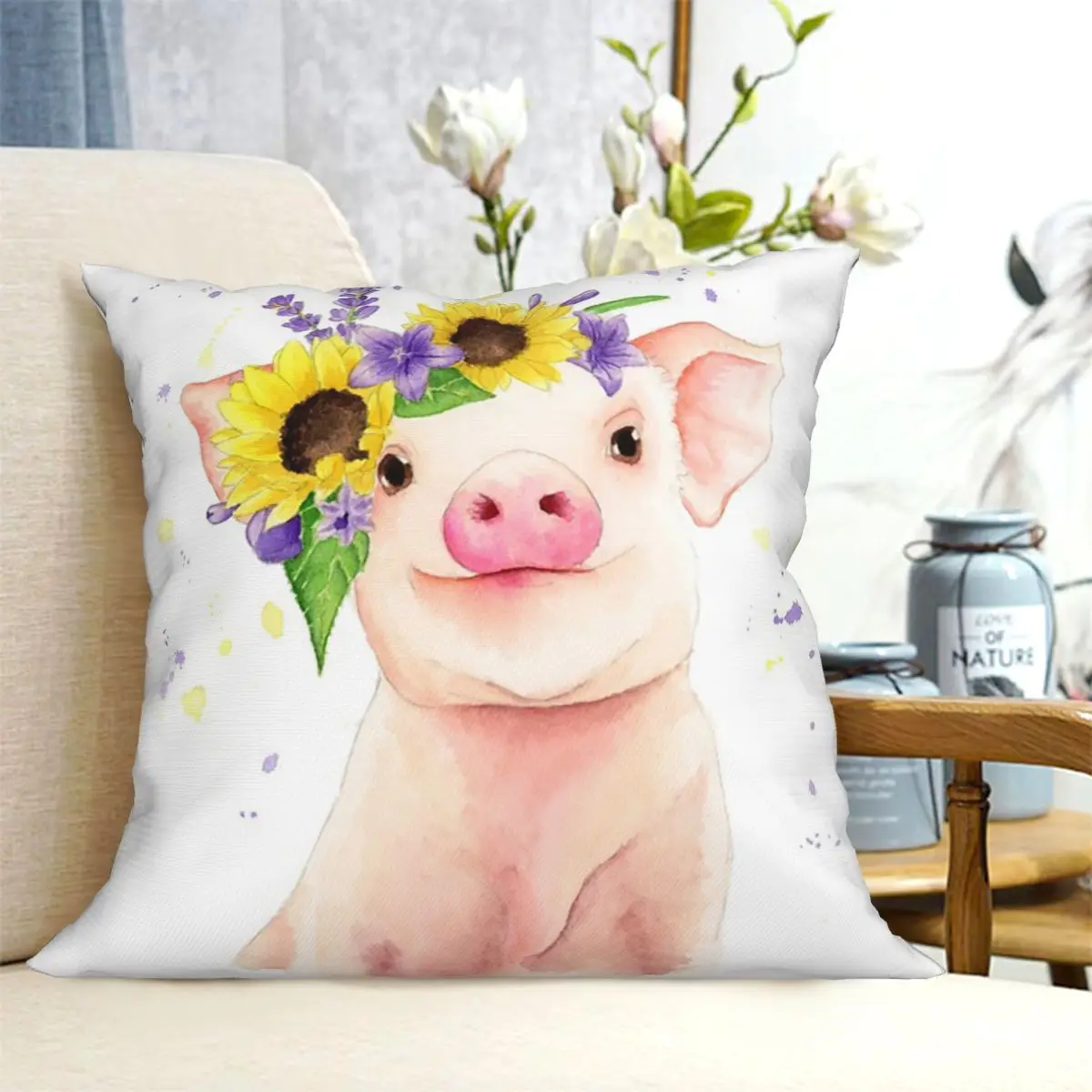 Funny Pig Surround By Sunflower Square Pillowcase Cushion Cover Pillow Case Throw Pillow Cover for Home Bedroom Car