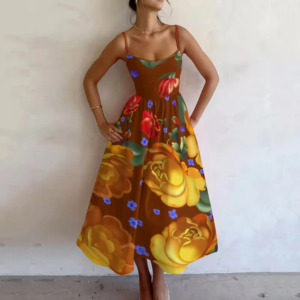 

Vintage Sleeveless Dress for Women, Long Dress, Bright Big Flower Print, A Shape, Trendy Party, Beach Bohemian Dresses, Brown