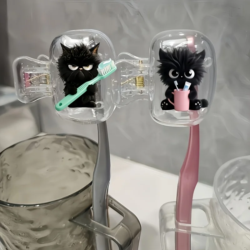 2pcs Black Kitten Portable Toothbrush Holder Set, Travel Toothbrush & Cup Storage Case with Brush Head Cover