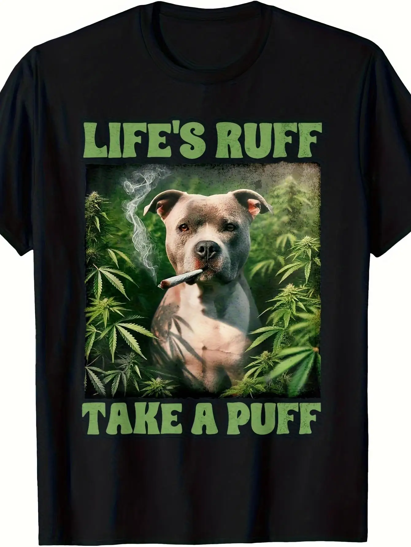 Men's Black Crew Neck T-Shirt with Bulldog and Leaf Print and Slogan - Bold Street Fashion T-Shirt, Suitable for Casual Wear and Parties, Comfortable Crew Neck Regular Style, Short Sleeve Unisex Style, 2026 Regular Fit Couple's T-Shirt