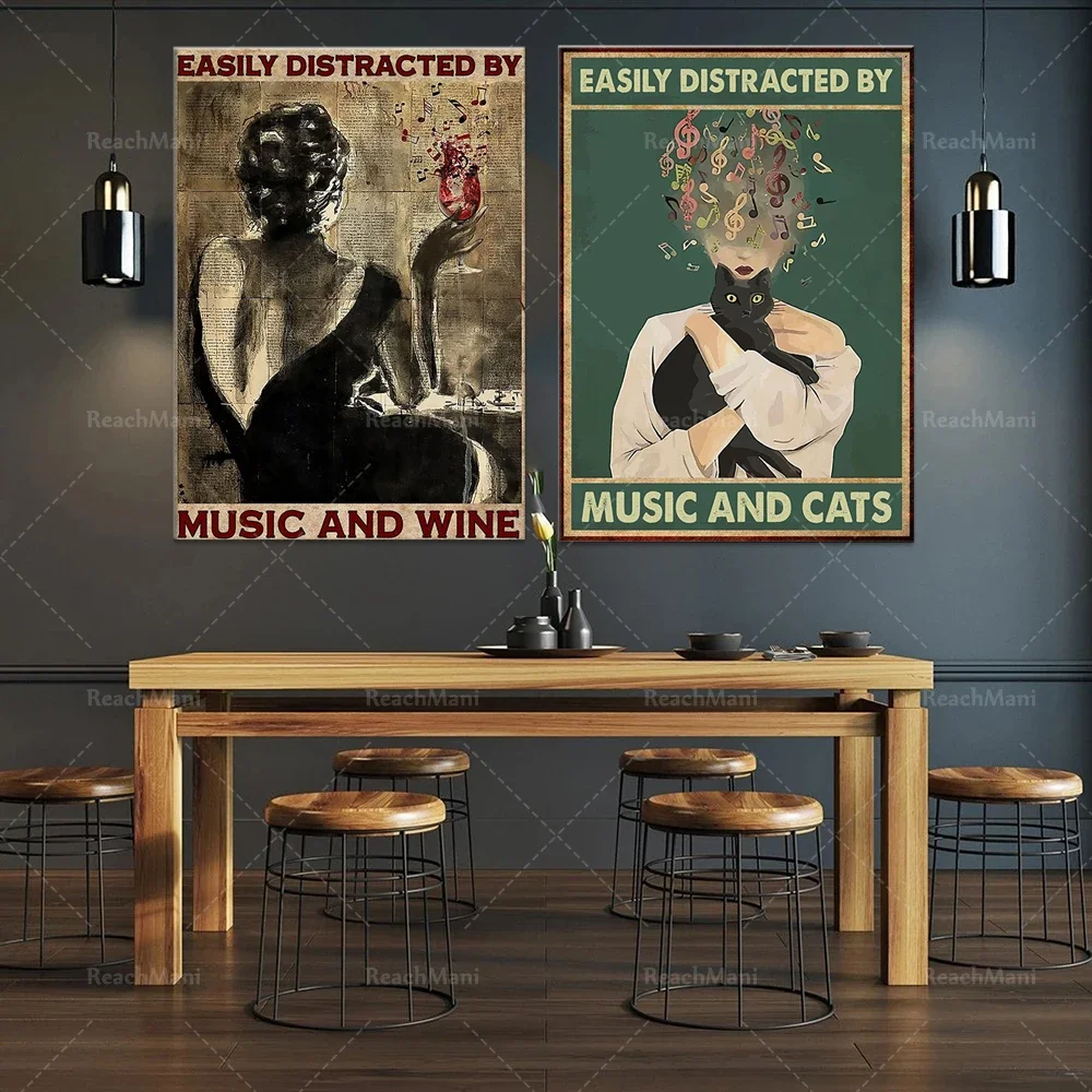 Easy to be distracted by music and cat posters, music and wine posters, wine lovers gifts, music posters, black cat poster lover