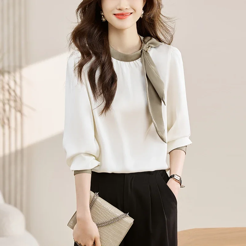 Nieuwe Lange Mouw O-hals Vrouwen Blouse Patchwork Boog Blouse Shirt Vrouwen Tops Blouses Shirts Blusas Para Mujer Camisas Blusas N209