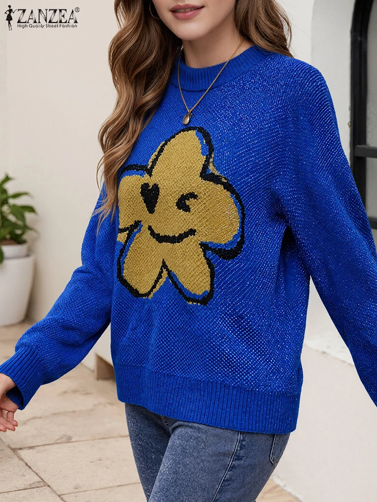 

ZANZEA 2022, осенние свитера с принтом, зимний женский свитер, пуловер, стильный повседневный свободный джемпер с круглым вырезом и длинными рукавами, уличная одежда