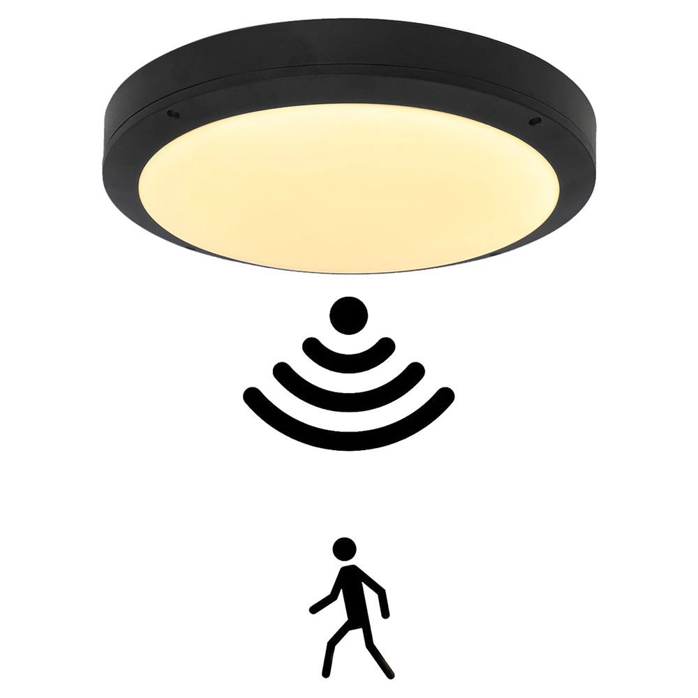 Outdoor IP65 waterproof emergency bulkhead light fitting with sensor 20W 25W 2d exterior round aluminium bulkhead ceiling light