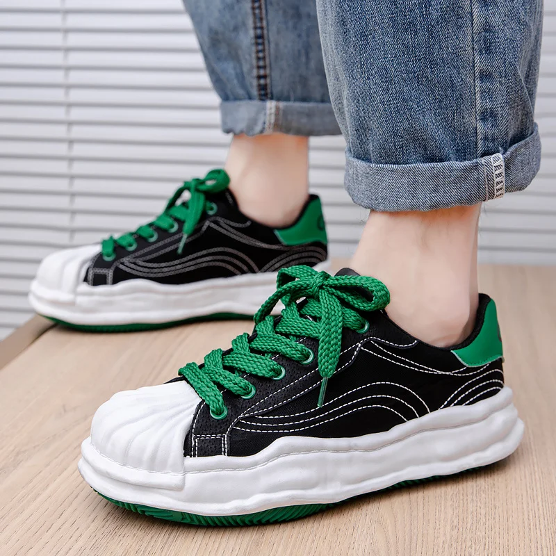 Harajuku Black Green Casual Sneakers Men Shell Toe Vulcanized Shoes Street Hip Hop Canvas Sneakers Men Designer Platform Shoes