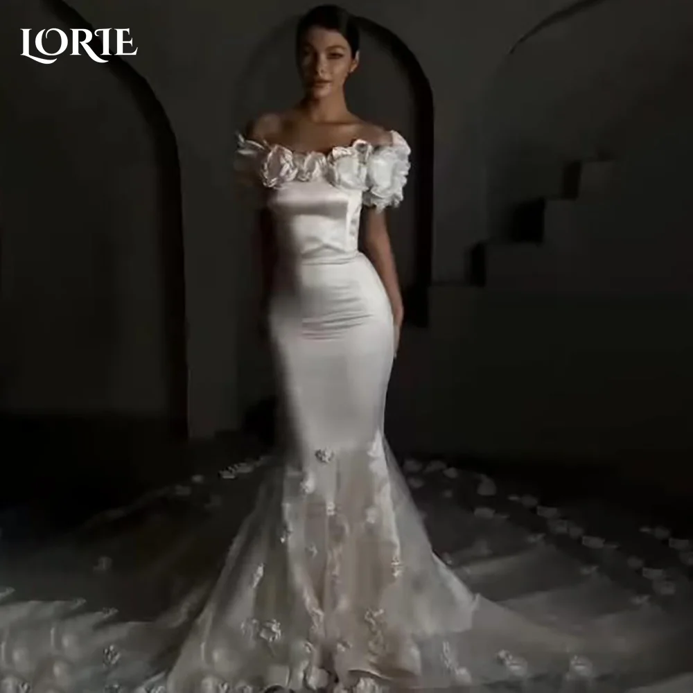 

LORIE Elegant Off Shoulder Mermaid Wedding Dresses Pleated 3D Flowers Rose Backless Beach Bridal Gown Customized Bride Dresses