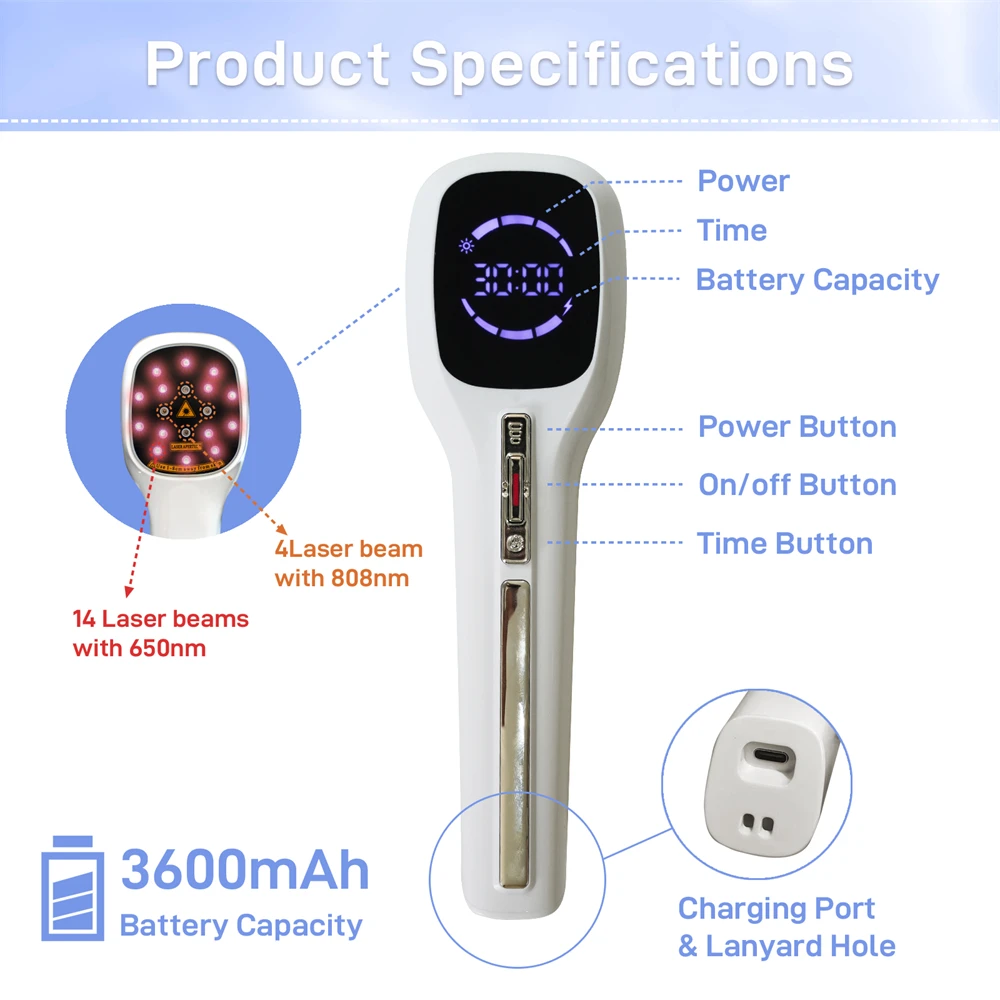 3600mAh Cold Laser Therapy Device LLLT 650nm 808nm Pain Relief Red Light Massager 4 Power 6 Timers For Pet Dog Horse Human