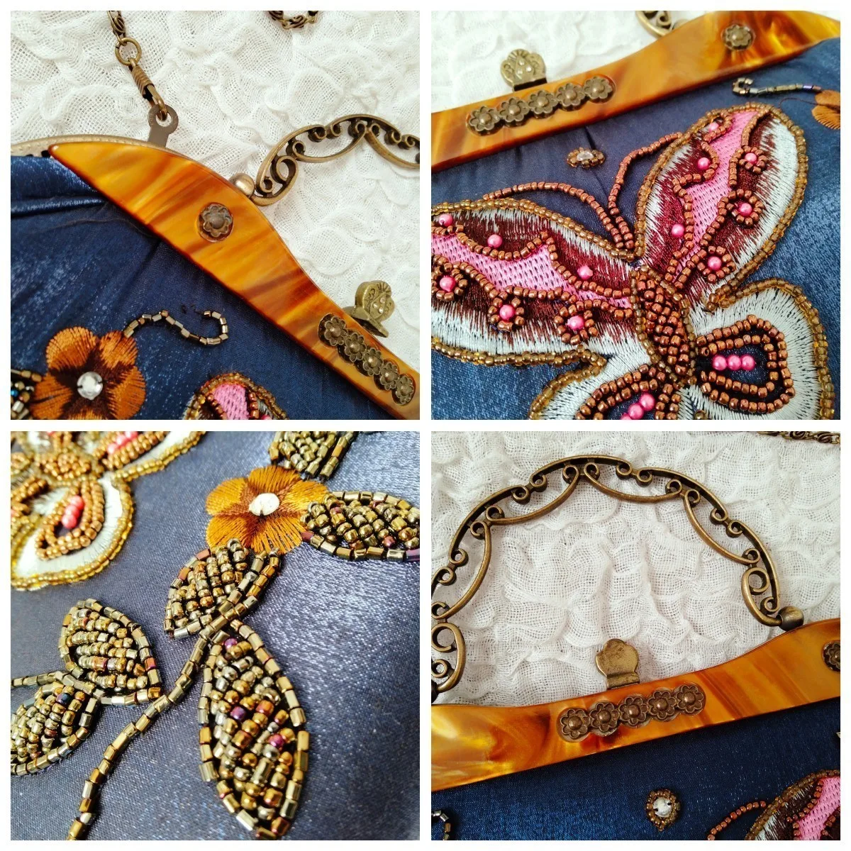 Lost in Vintage Monsoon Accessorize Clutch Bag Pink Butterfly Butterflies Embroidery Retro Hand Beaded Satin Butterft Purse Art