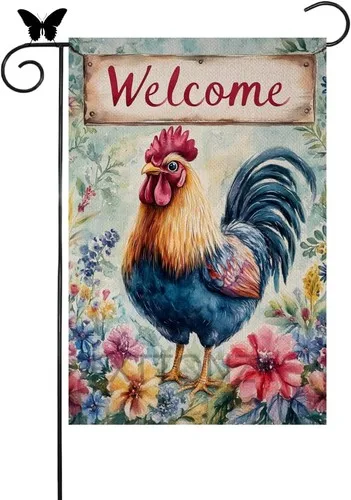 Welcome Spring Summer Rooster Garden Flag Double Sided Floral Flower, 12x18 RRI